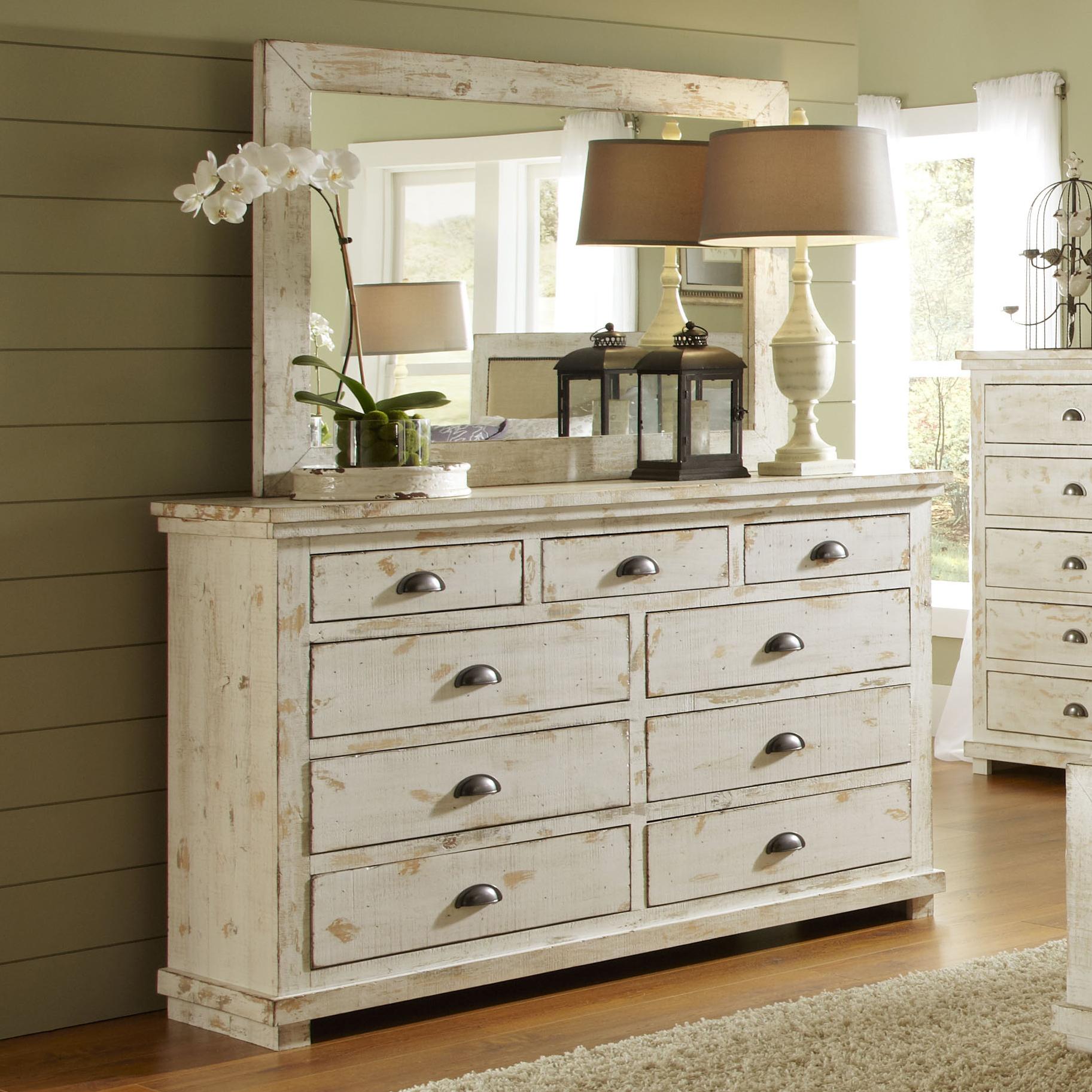 Progressive Furniture Willow Distressed Pine Drawer Dresser & Mirror
